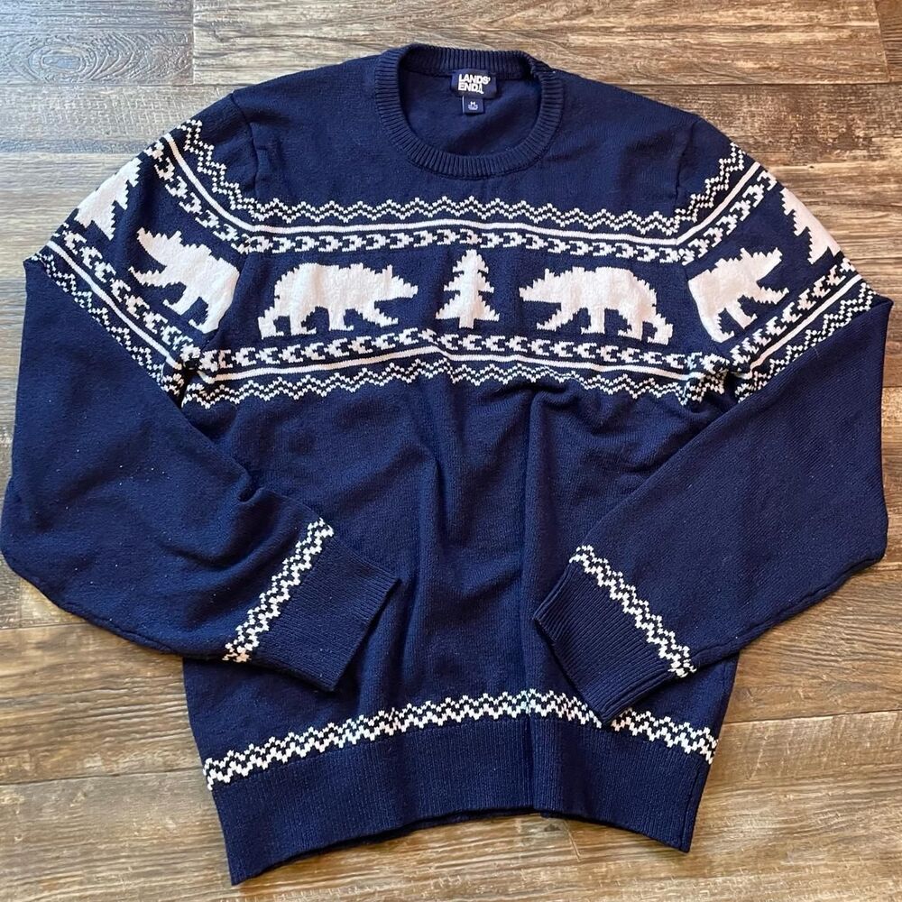 Lands-end Men's Navy and White Jumper